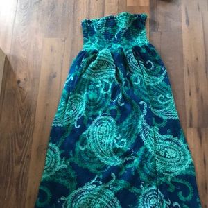 Paisley print blue & turquoise strapless dress